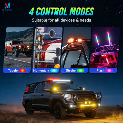 Four control modes displayed for Eight Gang Slim Wireless Switch Panel For Cars RVs And UTvs With 208 Feet Range Drill Free Install