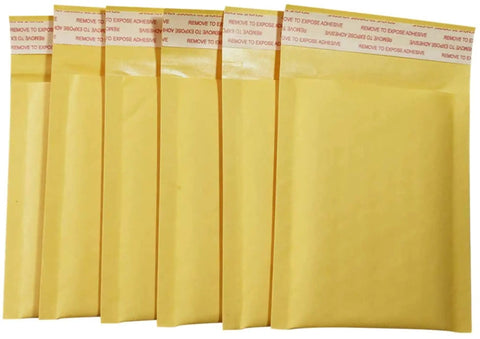30 Pack 3.5x5 Inch Padded Bubble Mailers Self Seal Kraft Envelopes For Fast Shipping, displayed in a fan arrangement.