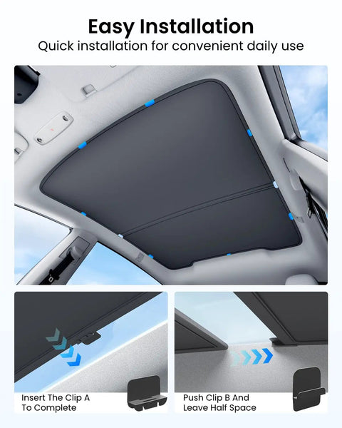 Tesla Model Y Juniper Glass Roof Sunshade Two Pack No Gaps No Sag Foldable Heat Insulation Cover installation view