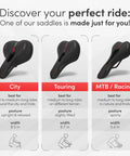 Image showing three types of Memory Foam Mountain Bike Seat With Ergonomic Five Zone Concept For Road BMX And MTB Rides All Day Comfort Saddle Built For Long Days In The Saddle Ride Ready: City, Touring, and MTB/Racing with their descriptions and widths.