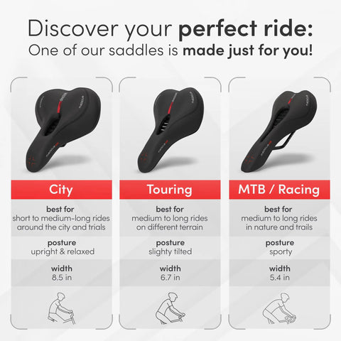 Image showing three types of Memory Foam Mountain Bike Seat With Ergonomic Five Zone Concept For Road BMX And MTB Rides All Day Comfort Saddle Built For Long Days In The Saddle Ride Ready: City, Touring, and MTB/Racing with their descriptions and widths.