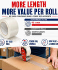 Beefy Five Point Five Mil Fiberglass Reinforced Packing Tape Rock Solid Rubber Resin Adhesive For Heavy Duty Shipping And Cardboard Box Bundling One Inch By Sixty Yards Pack Of Two Dozen on a roll with dispenser applying to a cardboard box.