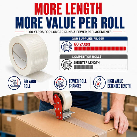 Beefy Five Point Five Mil Fiberglass Reinforced Packing Tape Rock Solid Rubber Resin Adhesive For Heavy Duty Shipping And Cardboard Box Bundling One Inch By Sixty Yards Pack Of Two Dozen on a roll with dispenser applying to a cardboard box.