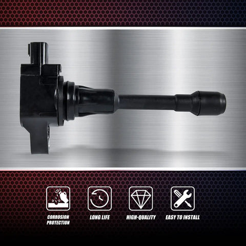 Side view of Ignition Coil Pack UF549 for Nissan Altima Rogue Sentra Versa Cube NV200 engines with corrosion protection icons