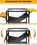 Beefy Plasma Cutting Table For Heavy Duty Workshops 32 In High By 21 In Wide By 30 In Long Carbon Steel Workbench With Replaceable Slats Folding Side Shelf Fire Resistant Scrap Tray 250 Lbs Load Capacity with folding shelf shown open and closed.