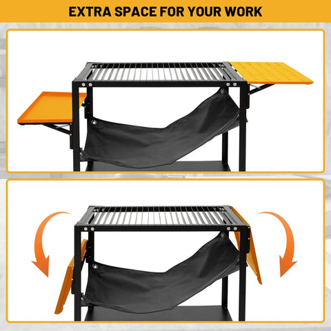 Beefy Plasma Cutting Table For Heavy Duty Workshops 32 In High By 21 In Wide By 30 In Long Carbon Steel Workbench With Replaceable Slats Folding Side Shelf Fire Resistant Scrap Tray 250 Lbs Load Capacity with folding shelf shown open and closed.