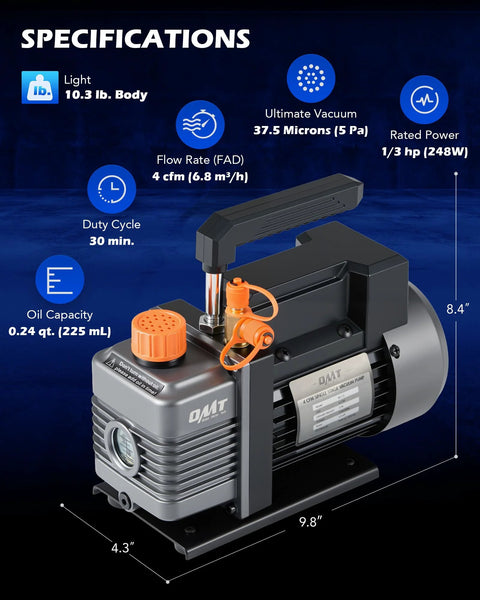 Orion Motor Tech vacuum pump and gauge kit with orange hoses, oil fill cap, mounted on base