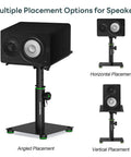 Desktop Speaker Stands Pair For Studio Monitors With 12 Degree Tilt showing horizontal, vertical, and angled placements
