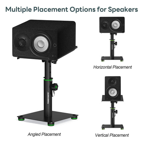 Desktop Speaker Stands Pair For Studio Monitors With 12 Degree Tilt showing horizontal, vertical, and angled placements