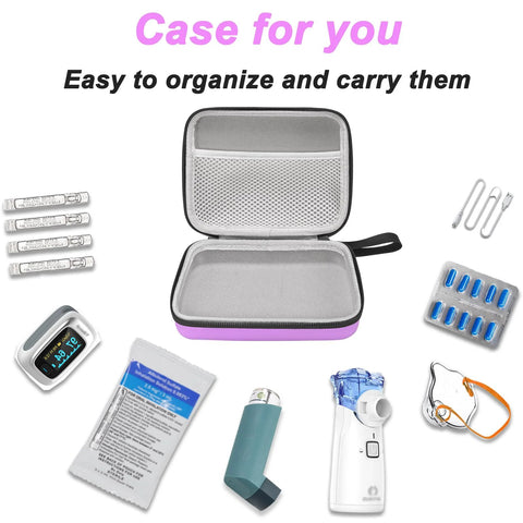 Klawdsky purple hard carrying case for portable nebulizer, open to show inner mesh pocket.