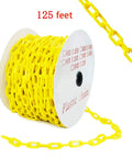 125 Feet Yellow Plastic Safety Barrier Chain on spool, shown with portion unraveling, for crowd control and events.