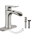 Brushed Nickel Waterfall Bathroom Faucet With Single Hole Design, Single Handle Sink Faucet, Pop Up Drain, Deck Plate, Hoses Included