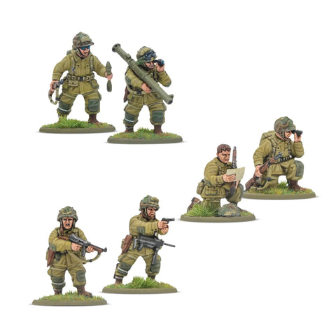 Bolt Action Currahee Us Airborne D Day Starter Army Miniatures Set for WWII tabletop wargaming showing paratrooper figures on grass bases.