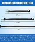 Adjustable Extension Clamp Wrench Tool For Tight Spaces That Holds Nuts Bolts And Hose Clamps With Three Interchangeable Extension Lengths And A Thumbwheel Adjustable Clamp For Reaching Into Confined Areas And Fastening Securely, displayed with three length dimensions.