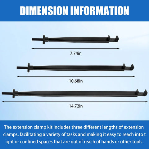 Adjustable Extension Clamp Wrench Tool For Tight Spaces That Holds Nuts Bolts And Hose Clamps With Three Interchangeable Extension Lengths And A Thumbwheel Adjustable Clamp For Reaching Into Confined Areas And Fastening Securely, displayed with three length dimensions.