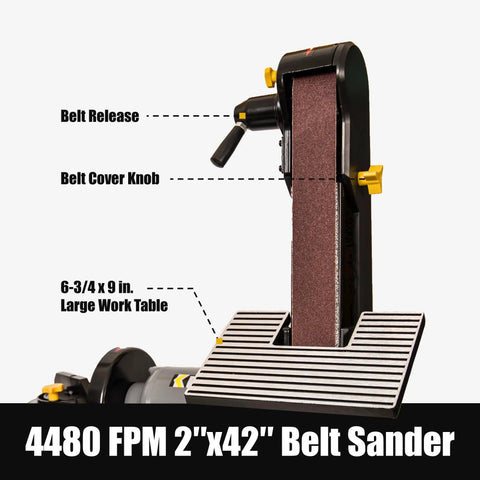 Heavy Duty 2x42 Inch Belt And 6 Inch Disc Sander Combo With 0.5 HP Belt Drive And 3.5 Amp Induction Motor, large work table