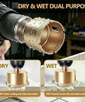 Heavy Duty 10 Piece Diamond Hole Saw Kit With Brazed Coating For Drilling Tile Ceramic Marble And Glass showing dry and wet cutting options with detailed views.