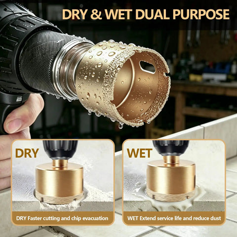 Heavy Duty 10 Piece Diamond Hole Saw Kit With Brazed Coating For Drilling Tile Ceramic Marble And Glass showing dry and wet cutting options with detailed views.
