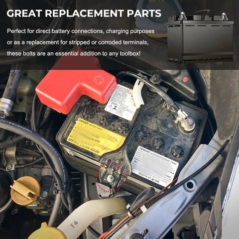 Four Pack Three Eighth Standard Side Battery Terminal Bolts Premium Quality Top Post To Side Post Adapter Short Studs in engine bay.