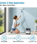 Person applying All Weather Heavy Duty Acrylic Paint Sealer For Indoor And Outdoor Use Water Based VOC Free Shields Surfaces From Water UV And Weather Easy To Apply Semi Satin Finish 5 Gallons on wall with roller