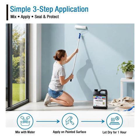 Person applying All Weather Heavy Duty Acrylic Paint Sealer For Indoor And Outdoor Use Water Based VOC Free Shields Surfaces From Water UV And Weather Easy To Apply Semi Satin Finish 5 Gallons on wall with roller