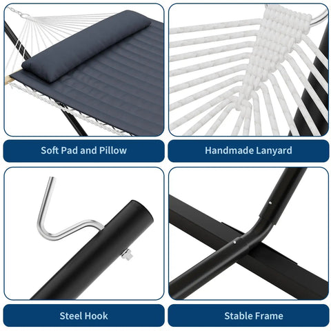 Details of Double Hammock With Stand Heavy Duty 450Lbs Capacity Rugged Steel Frame Quilted Cushion, showing pad, lanyard, hook, and frame.