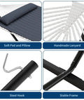 Close-up views of Two Person Hammock With Space Saving Steel Stand Included Outdoor Portable Hammock Lounge featuring cotton rope, pad, hook, and frame.
