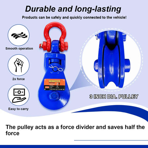 2 Ton Snatch Block Kit With G80 Chain And G70 Hook For Three Eighths Inch Wire Rope Beefy Heavy Duty Winch Gear For Flatbed Tow Trucks Rollback Wreckers Car Carriers Blue, 3-inch pulley