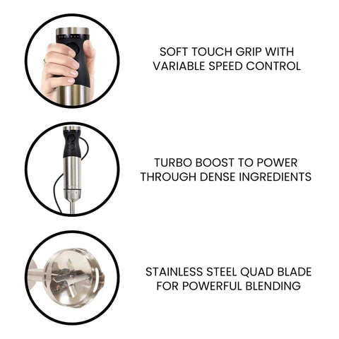 Heavy Duty Hand Blender Set With Variable Speed Twist Dial And Maximum Turbo Boost shows soft touch grip, turbo boost, and steel quad blade.