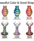 Tri Color Silk PLA 3D Printer Filament Bundle 1.75mm Color Changing Silk PLA Multicolor Filament Pack With Four 250g Spools For Dope 3D Printing Projects, showcasing vases and figurines in vibrant color combinations like Red-Yellow-Blue, Blue-Green-Orange, and Red-Gold-Purple.