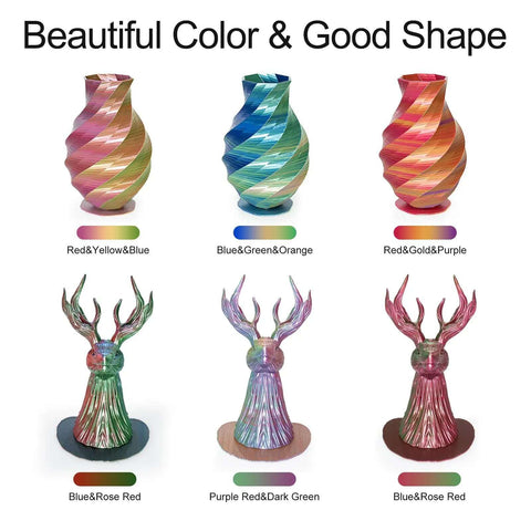 Tri Color Silk PLA 3D Printer Filament Bundle 1.75mm Color Changing Silk PLA Multicolor Filament Pack With Four 250g Spools For Dope 3D Printing Projects, showcasing vases and figurines in vibrant color combinations like Red-Yellow-Blue, Blue-Green-Orange, and Red-Gold-Purple.