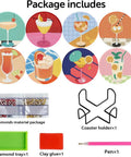 Image of the Eight Piece Diamond Art Coaster Kit With Holder For DIY 5D Retro Cocktail Coasters Diamond Painting Set For Adults And Beginners Includes Adhesive Cork Bases Diamond Tiles And Marker Pen, featuring colorful diamond pattern coasters, diamond tray, clay glue, and pink pen.