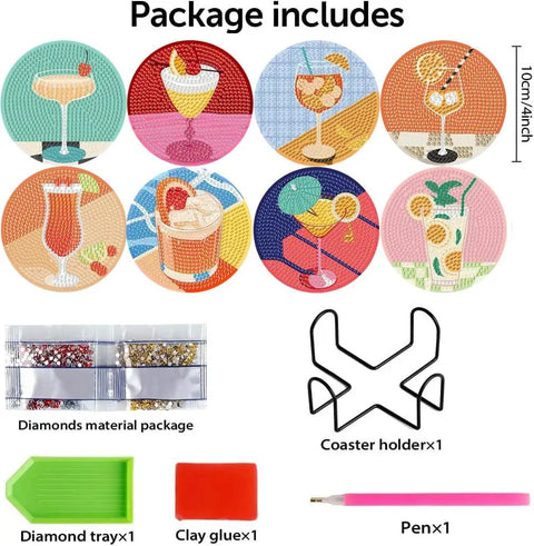 Image of the Eight Piece Diamond Art Coaster Kit With Holder For DIY 5D Retro Cocktail Coasters Diamond Painting Set For Adults And Beginners Includes Adhesive Cork Bases Diamond Tiles And Marker Pen, featuring colorful diamond pattern coasters, diamond tray, clay glue, and pink pen.