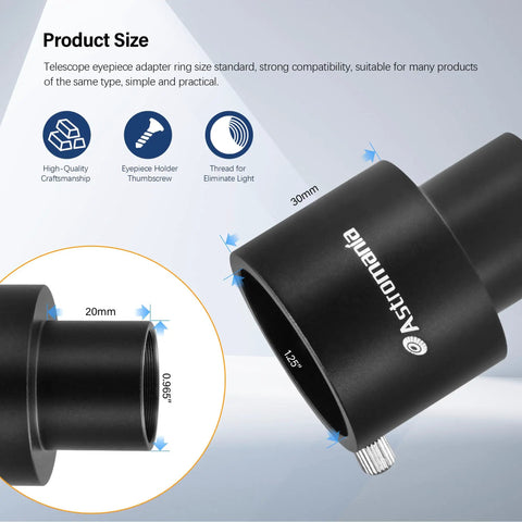 0.965 to 1.25 inch eyepiece adapter for telescopes with anodized aluminum construction, precise fit for 0.965 focus in 1.25 setup.