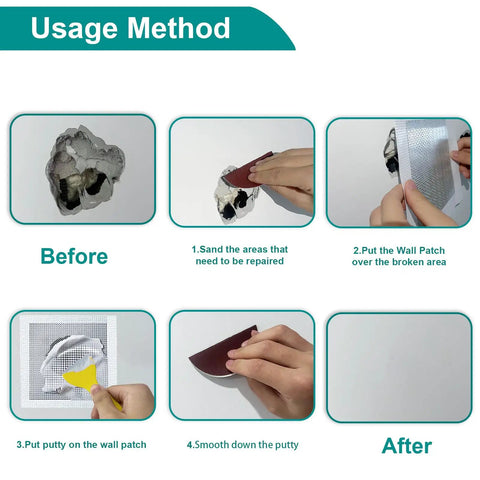 10 Pack Drywall Repair Kit For Large Holes And Small Nail Holes usage method with self-adhesive aluminum mesh patches