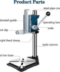 Heavy Duty Drill Press Stand For Hand Drill With Vise, diagram showing parts like steel pipe cover, cast iron base, operating handle