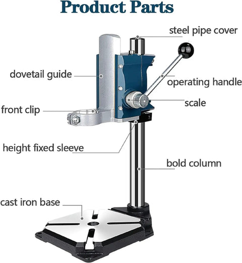 Heavy Duty Drill Press Stand For Hand Drill With Vise, diagram showing parts like steel pipe cover, cast iron base, operating handle