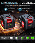 Dual 21V 4000mAh lithium batteries compatible with Makita, showing charge indicators and circuit board design.