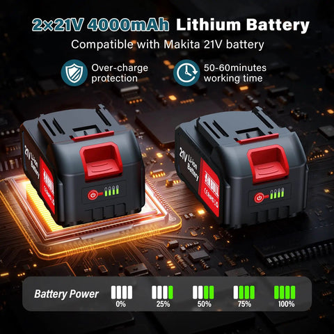 Dual 21V 4000mAh lithium batteries compatible with Makita, showing charge indicators and circuit board design.