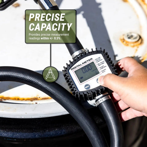 Digital flow meter attached to a hose, displaying precise capacity readings for the Smooth Operator Electric Drum Pump.