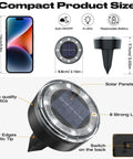 Diagram showing 12 Pack Solar Ground Lights Low Profile Flat Disc LED Pathway Lights Outdoor Waterproof Mower Safe For Garden Patio Yard Driveway 2.2 Inch Cold White Lighting, highlighting size, solar panels, and switch features.