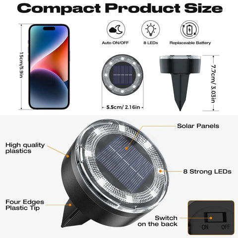 Diagram showing 12 Pack Solar Ground Lights Low Profile Flat Disc LED Pathway Lights Outdoor Waterproof Mower Safe For Garden Patio Yard Driveway 2.2 Inch Cold White Lighting, highlighting size, solar panels, and switch features.