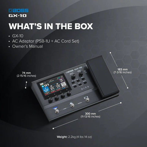 GX-10 Compact Guitar And Bass Effects Processor With GX-100 Sound Engine, Color Touch Display, dimensions and included items.