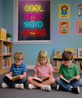 Three kids reading under 'Cool Kids Read Books' neon sign in a colorful child-friendly room with bookshelves and cartoon art.