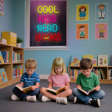 Three kids reading under 'Cool Kids Read Books' neon sign in a colorful child-friendly room with bookshelves and cartoon art.