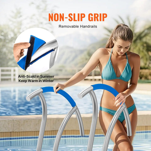 Rock Solid Premium Stainless Steel Pool Handrail Pair with comfortable non-slip grip, designed for deck access by the pool.