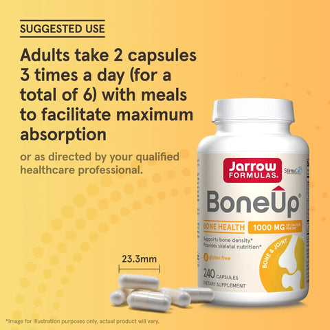 BoneUp For Bone Density With Vitamin D3 And K2 Calcium Support Supplement 240 Capsules bottle and capsules