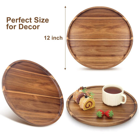 12 Inch Round Acacia Wood Serving Tray Super Sturdy Natural Kitchen Counter Dish Holder Lazy Susan Cake Platter Dinnerware No Fuss Cleaning Smooth Surface Tabletop Decor For Dining with dessert and cup