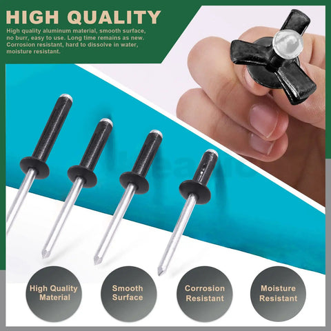 80Pcs Blind Rivet Set Featuring Four Sizes 9/16 3/4 13/16 And 1 Inch Black Large Flange Aluminum Pop Rivets with Tri Fold Exploding Style