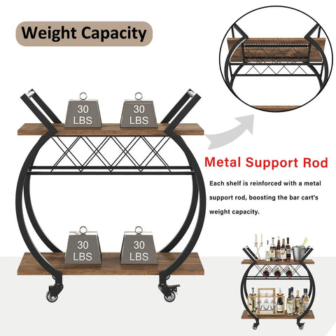 Smooth Rolling Industrial Bar Cart With Spacious Wooden Shelves And Rock Solid Wheels For Your Kitchen Or Lounge Space Chilled Beverage Serving Station showing weight capacity details.